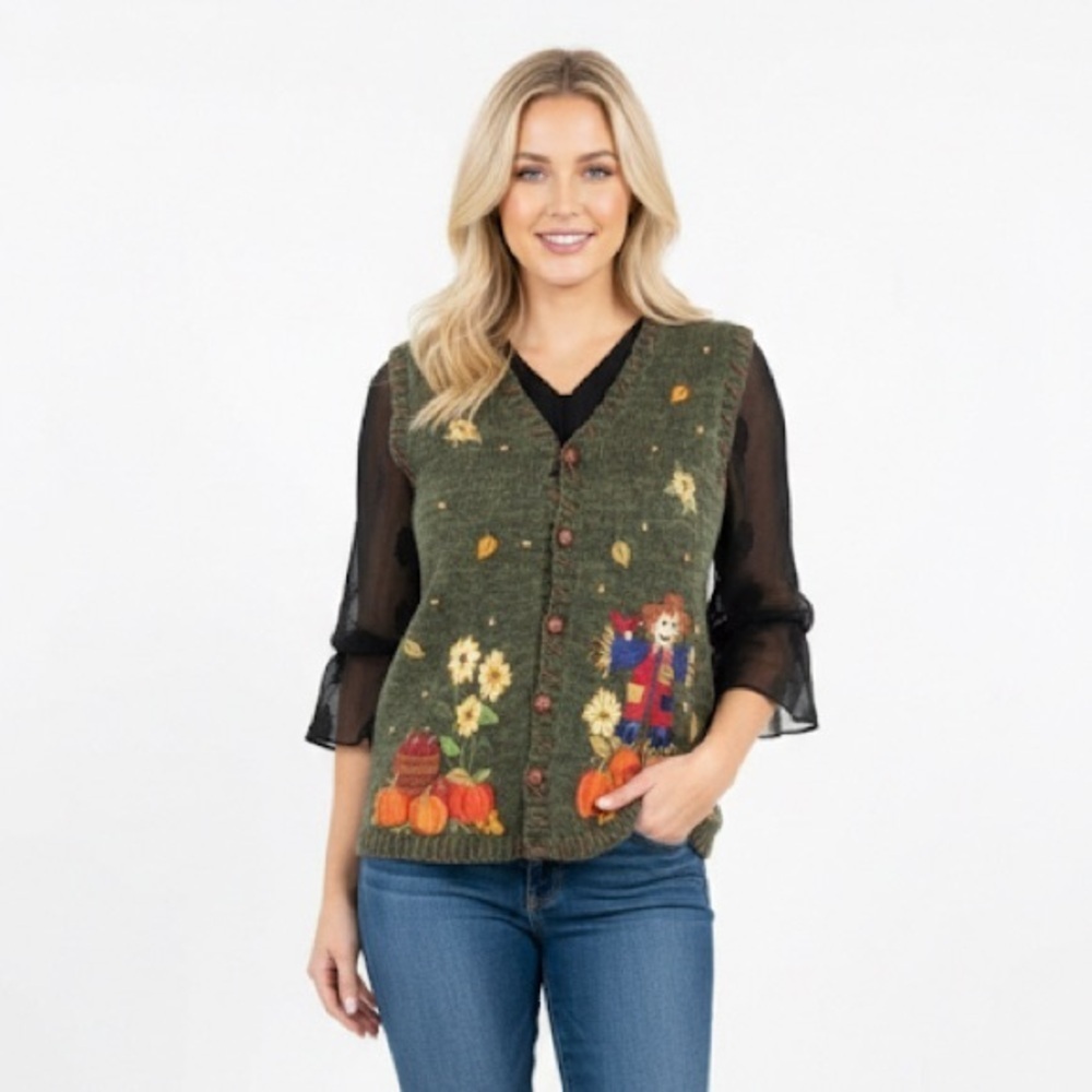 Vintage collectible green Fall scarecrow & pumpkins embroidered vest size medium